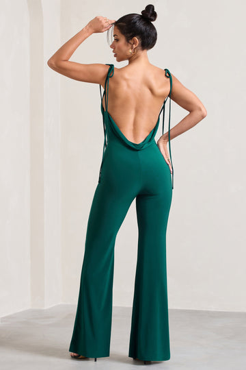 Pose Bottle Green Cowl-Neck Strappy flared-Leg Jumpsuit